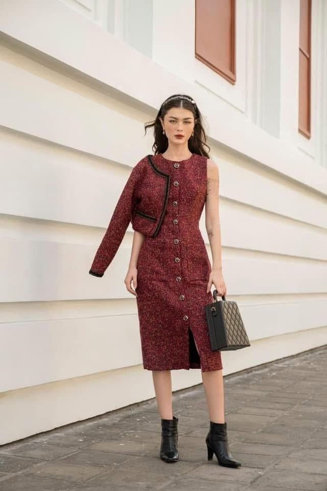  Giselle Dress - Đầm body tweed hàng cúc, hai túi D001 D002 