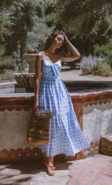  Bow Blue Gingham Dress  Đầm dây cột nơ caro xanh  D562 
