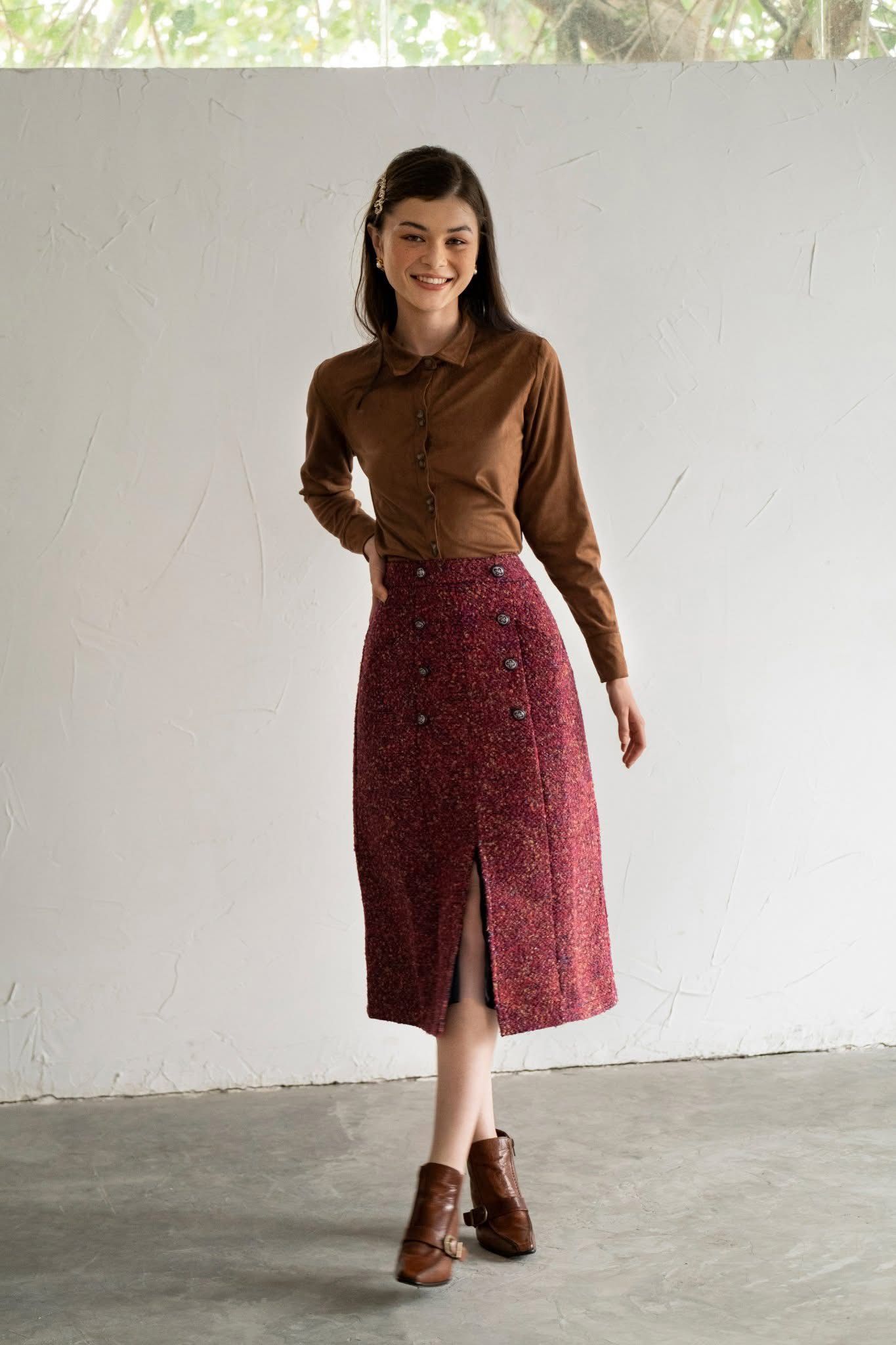  Chân váy tweed dài hai hàng cúc C35 C36 