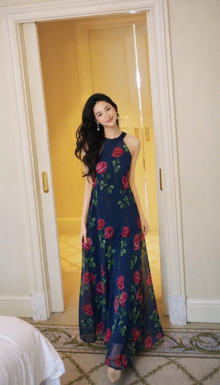  Đầm cổ yếm in hoa hồng -  D654 