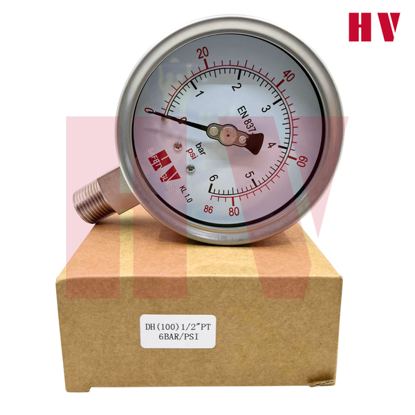 ĐỒNG HỒ ĐO ÁP SUẤT HV MẶT 100 CHÂN INOX (HOÁ CHẤT/XĂNG DẦU)