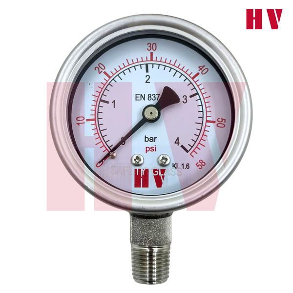 ĐỒNG HỒ ĐO ÁP SUẤT HV MẶT 63 CHÂN INOX (HOÁ CHẤT/XĂNG DẦU)