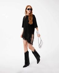 Áo Thun Dáng Dài Phối Ren Bất Đối Xứng