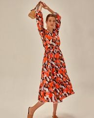 Đầm Nữ F2 Linen Cam Họa Tiết Fly Sky