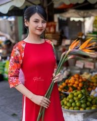 Áo Dài Nữ F2 Linen Đỏ Tay Phối Đỏ - Không Kèm Quần