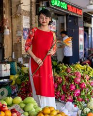 Áo Dài Nữ F2 Linen Đỏ Tay Phối Đỏ - Không Kèm Quần