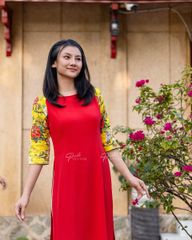 Áo Dài Nữ F2 Linen Đỏ Tay Vàng - Không Kèm Quần