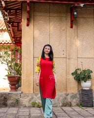 Áo Dài Nữ F2 Linen Đỏ Tay Vàng - Không Kèm Quần