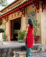 Áo Dài Nữ F2 Linen Đỏ Tay Vàng - Không Kèm Quần