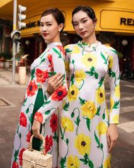 Áo Dài Nữ F2 Lụa Họa Tiết Trắng Hoa Vàng Hồn Việt - Không kèm quần