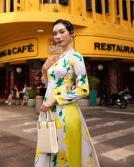 Áo Dài Nữ F2 Lụa Họa Tiết Trắng Hoa Vàng Hồn Việt - Không kèm quần