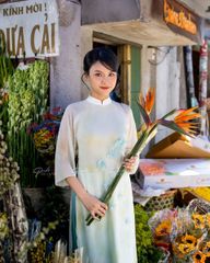 Áo Dài Nữ F2 Voan Trắng Xanh Kết Bông - Không Kèm Quần