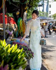 Áo Dài Nữ F2 Voan Trắng Xanh Kết Bông - Không Kèm Quần