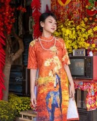 Áo Dài Nữ F2 Gấm Cam Hoa - Không Kèm Quần
