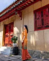 Áo Dài Nữ F2 Gấm Cam Trái Hồng - Không Kèm Quần