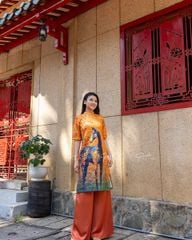 Áo Dài Nữ F2 Gấm Cam Trái Hồng - Không Kèm Quần