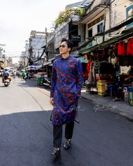 Áo Dài Nam F2 Gấm Họa Tiết Xanh Đỏ - Không Kèm Quần