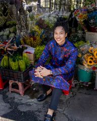 Áo Dài Nam F2 Gấm Họa Tiết Xanh Đỏ - Không Kèm Quần