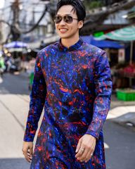 Áo Dài Nam F2 Gấm Họa Tiết Xanh Đỏ - Không Kèm Quần