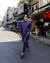 Áo Dài Nam F2 Gấm Họa Tiết Xanh Đỏ - Không Kèm Quần