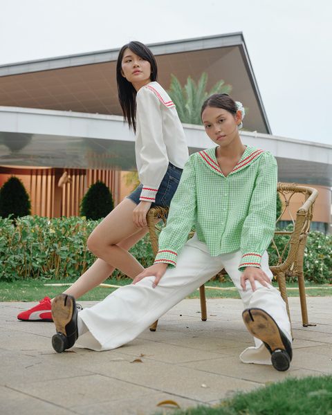 Áo Kiểu Nữ TheBlueTshirt School Girl Shirt - Pearl Green Gingham ZigZag