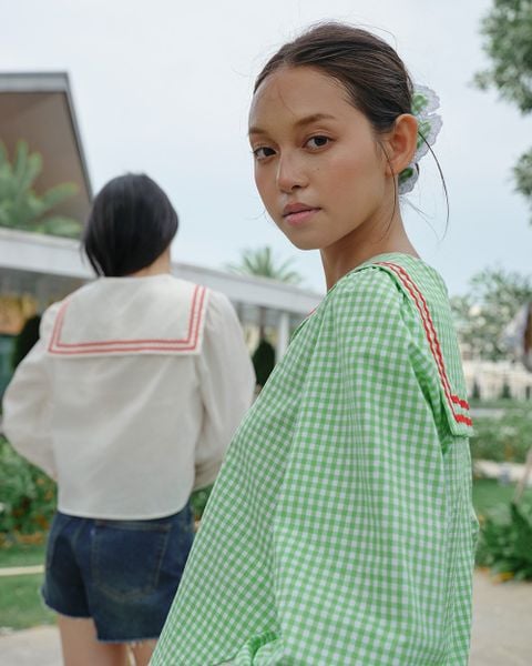 Áo Kiểu Nữ TheBlueTshirt School Girl Shirt - Pearl Green Gingham ZigZag