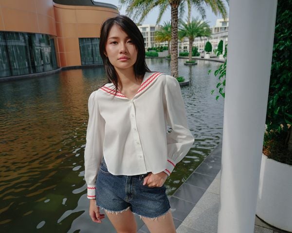 Áo Kiểu Nữ TheBlueTshirt School Girl Shirt -  Ivory White Red ZigZag
