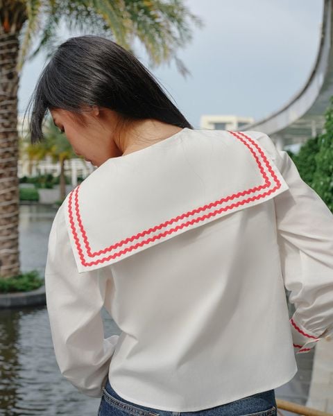 Áo Kiểu Nữ TheBlueTshirt School Girl Shirt -  Ivory White Red ZigZag