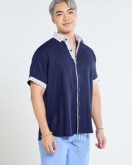 Áo Sơ Mi Nam F2 Linen  Xanh Đen Phối Họa Tiết Ngắn Tay Tender Drit