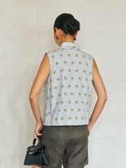Áo Kiểu Linen Xanh Hoa Vàng
