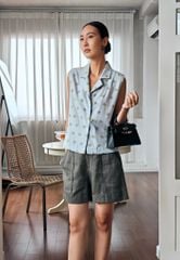 Áo Kiểu Linen Xanh Hoa Vàng