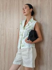 Áo Kiểu Linen Trắng Hoa Xanh