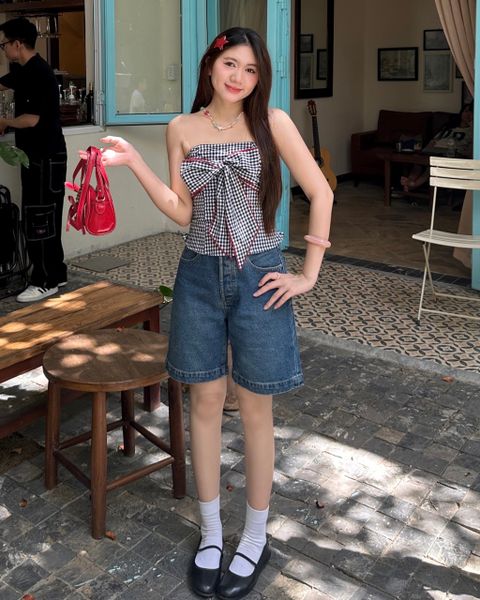 Áo Kiểu Nữ TheBlueTshirt Bow Top - Black Gingham