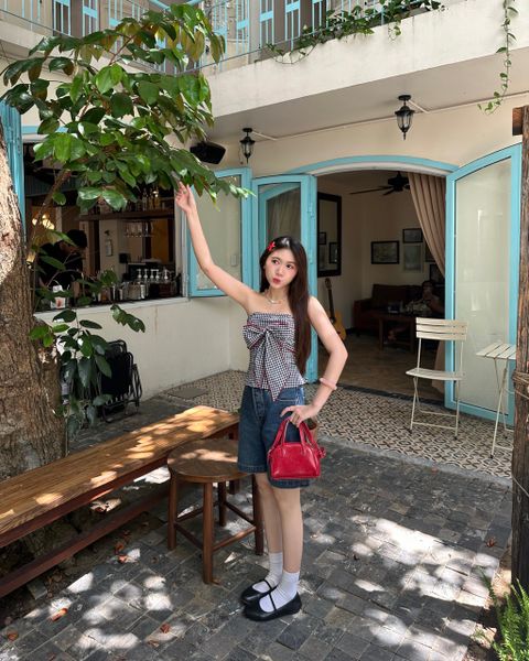 Áo Kiểu Nữ TheBlueTshirt Bow Top - Black Gingham