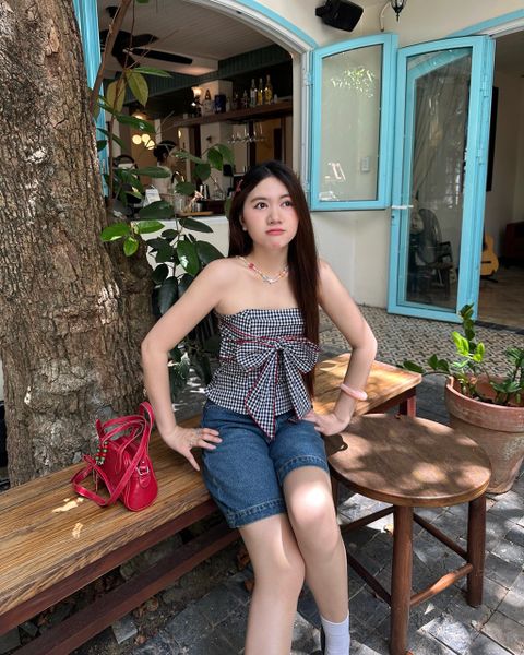 Áo Kiểu Nữ TheBlueTshirt Bow Top - Black Gingham