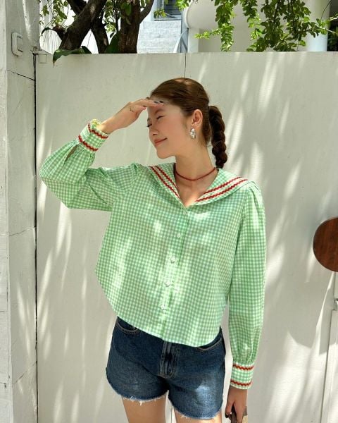 Áo Kiểu Nữ TheBlueTshirt School Girl Shirt - Pearl Green Gingham ZigZag
