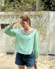Áo Kiểu Nữ TheBlueTshirt School Girl Shirt - Pearl Green Gingham ZigZag