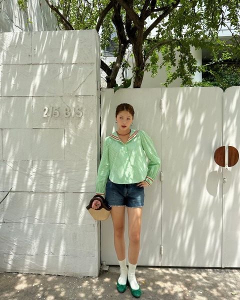 Áo Kiểu Nữ TheBlueTshirt School Girl Shirt - Pearl Green Gingham ZigZag