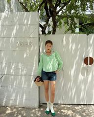 Áo Kiểu Nữ TheBlueTshirt School Girl Shirt - Pearl Green Gingham ZigZag