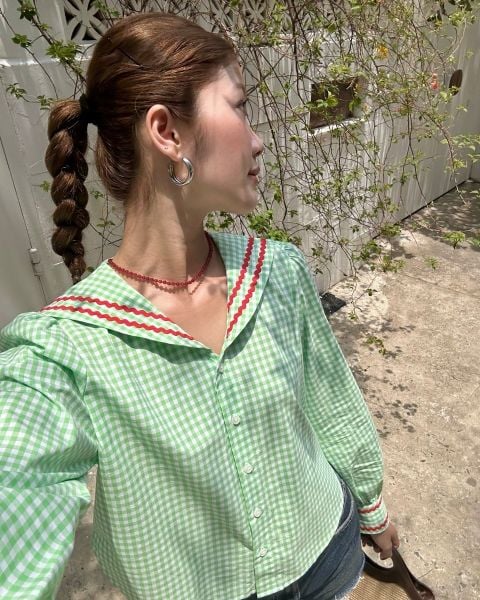 Áo Kiểu Nữ TheBlueTshirt School Girl Shirt - Pearl Green Gingham ZigZag