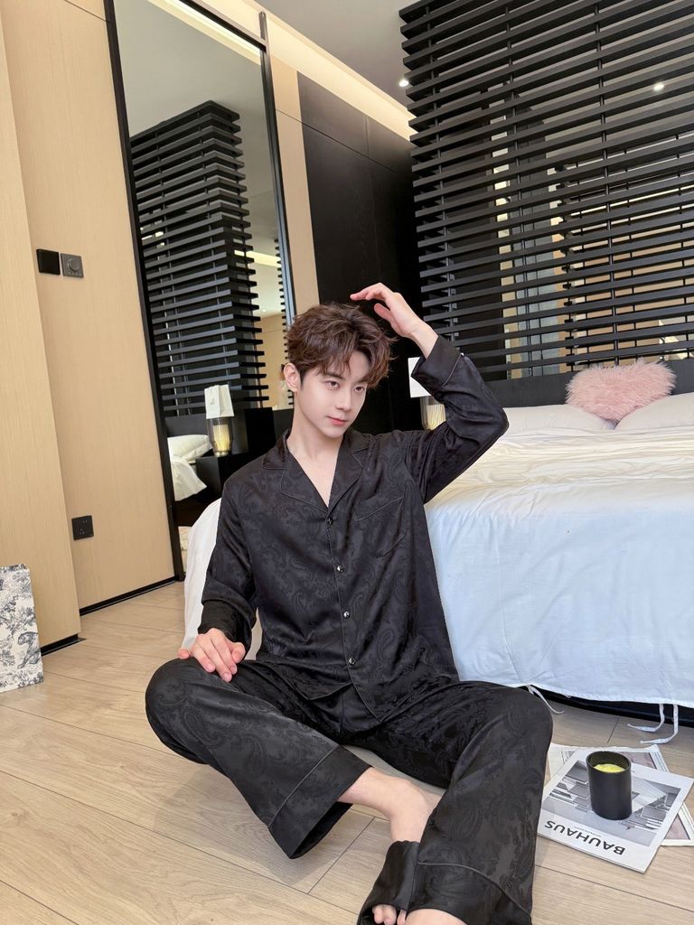 Đồ bộ ngủ pyjama nam nữ Shury Store Home Wear DD21 size 45-95kg phối màu tay dài bộ đôi couple lụa