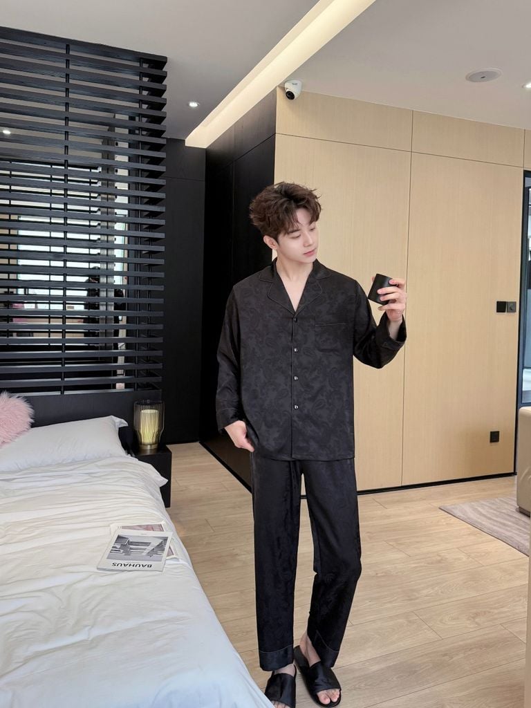 Đồ bộ ngủ pyjama nam nữ Shury Store Home Wear DD21 size 45-95kg phối màu tay dài bộ đôi couple lụa