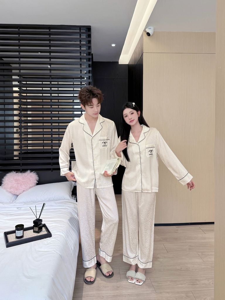 Đồ ngủ pyjama lụa nam nữ Shury Store Home Wear DD34 size 45-95kg tay dài quần dài  bộ đôi couple lụa