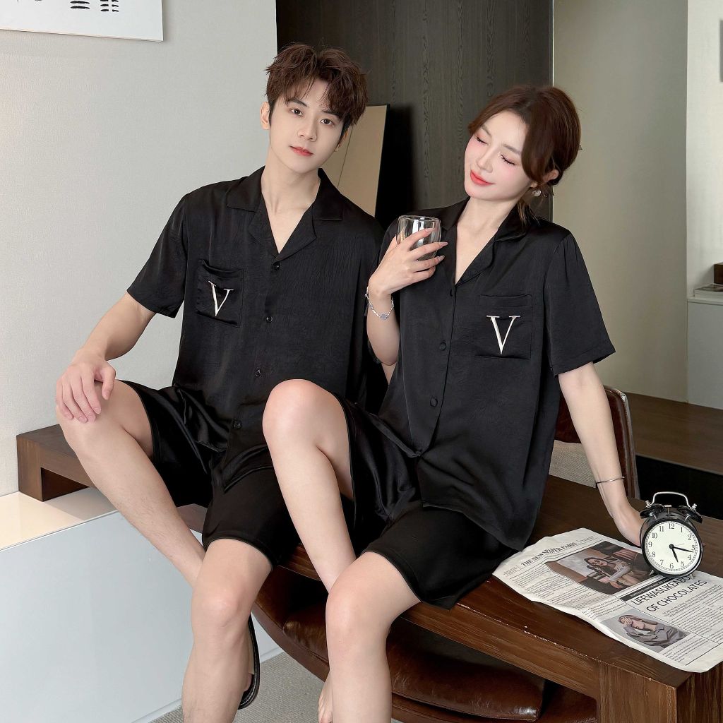 Đồ ngủ đôi Shury Store CTN03 nam nữ đồ bộ ngủ Pyjama couple tay ngắn quần ngắn chất lụa băng cao cấp