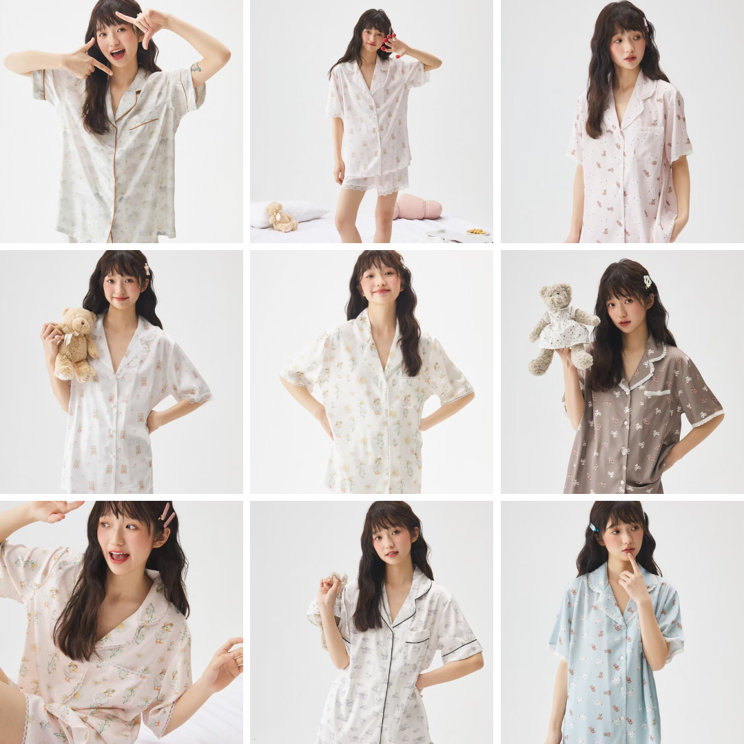 NT1 SHURY STORE HOME WEAR - Bộ pyjama lụa tay ngắn quần ngắn hoạt tiết dễ thương size M L XL mặc nhà