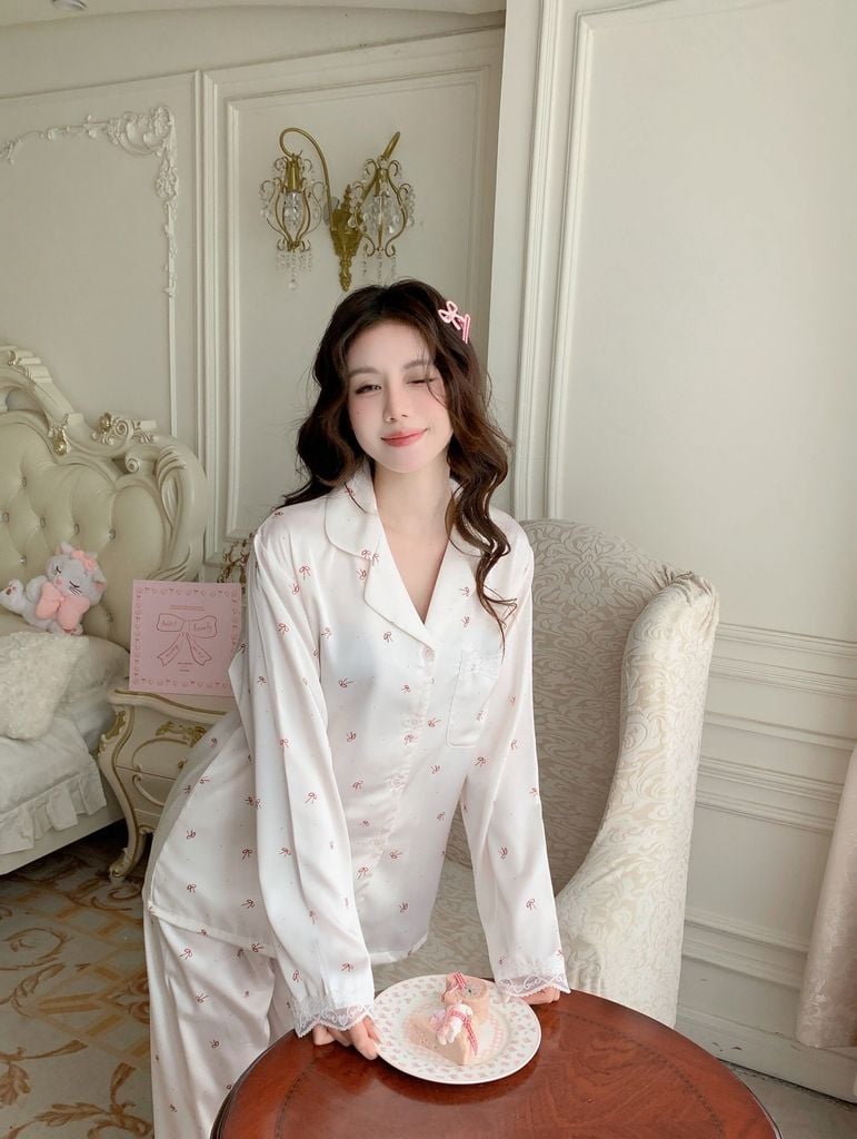 Pyjama lụa dài tay phối ren nhiều họa tiết Shury Store Home Wear TD85 Size M L XL mặc siêu mát mềm