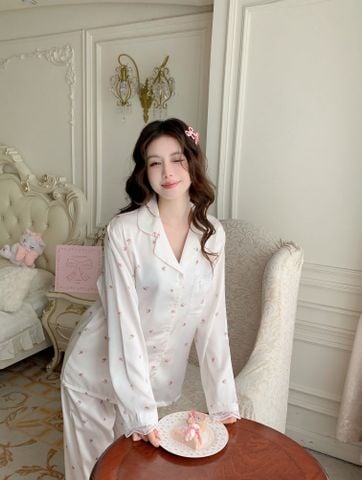 Pyjama lụa dài tay phối ren nhiều họa tiết Shury Store Home Wear TD85 Size M L XL mặc siêu mát mềm