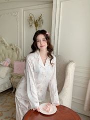 Pyjama lụa dài tay phối ren nhiều họa tiết Shury Store Home Wear TD85 Size M L XL mặc siêu mát mềm