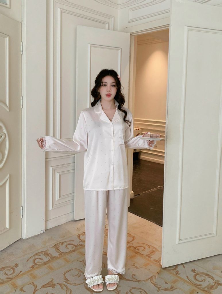 Pyjama lụa dài tay phối ren nhiều họa tiết Shury Store Home Wear TD85 Size M L XL mặc siêu mát mềm