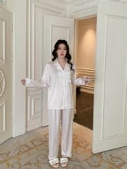 Pyjama lụa dài tay phối ren nhiều họa tiết Shury Store Home Wear TD85 Size M L XL mặc siêu mát mềm